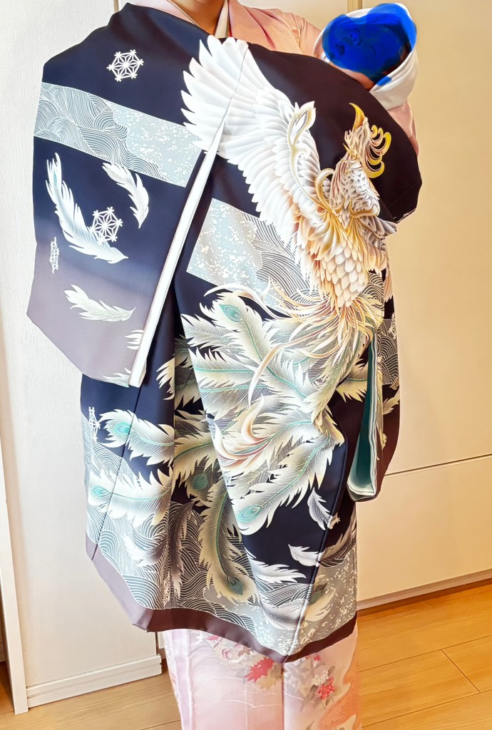 お宮参り着物正絹（初着・産着）女児G7-5 鼓に鈴・華柄 黒地 8