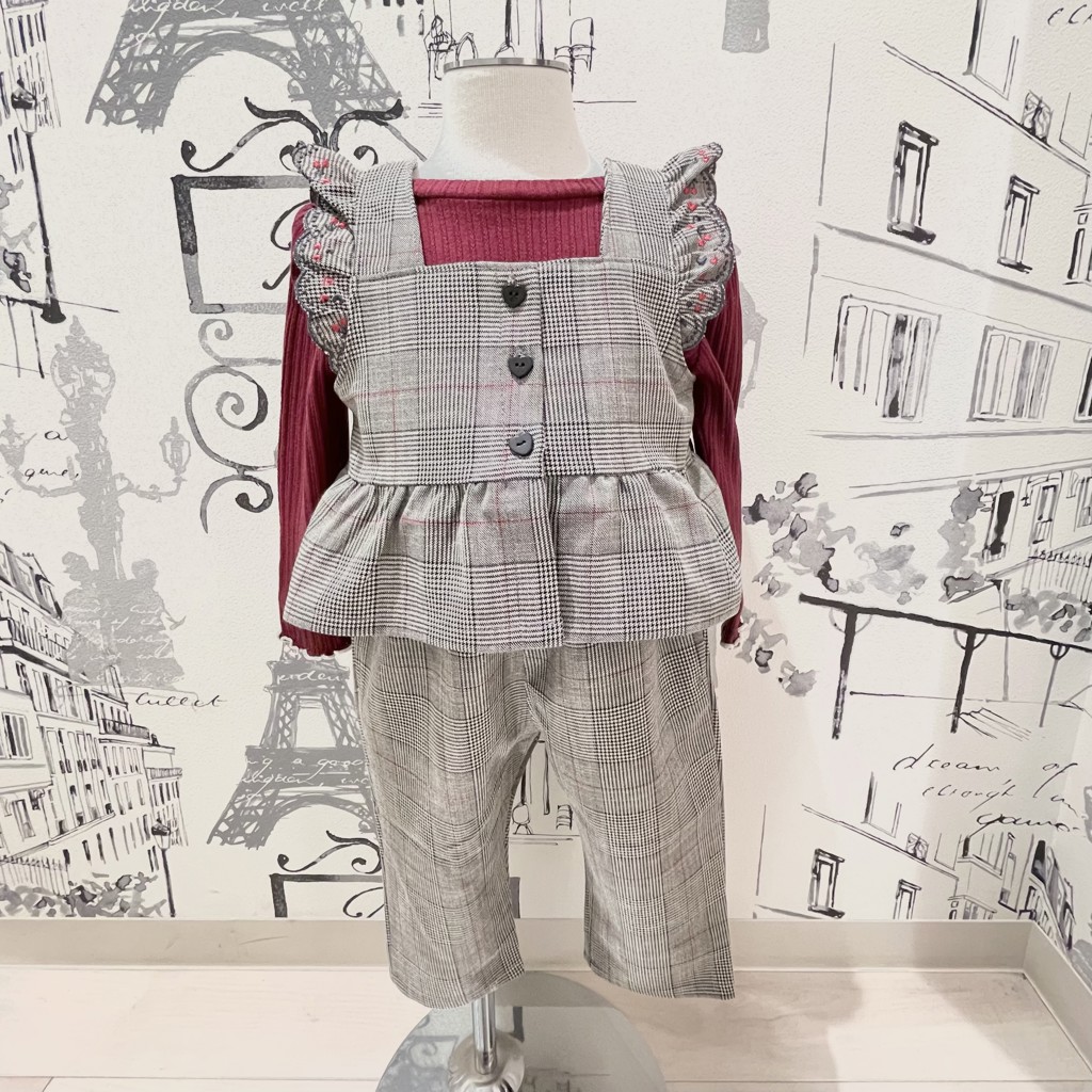 お揃い】デニムチェック柄肩フリルチュニック+パンツ2点セット(80