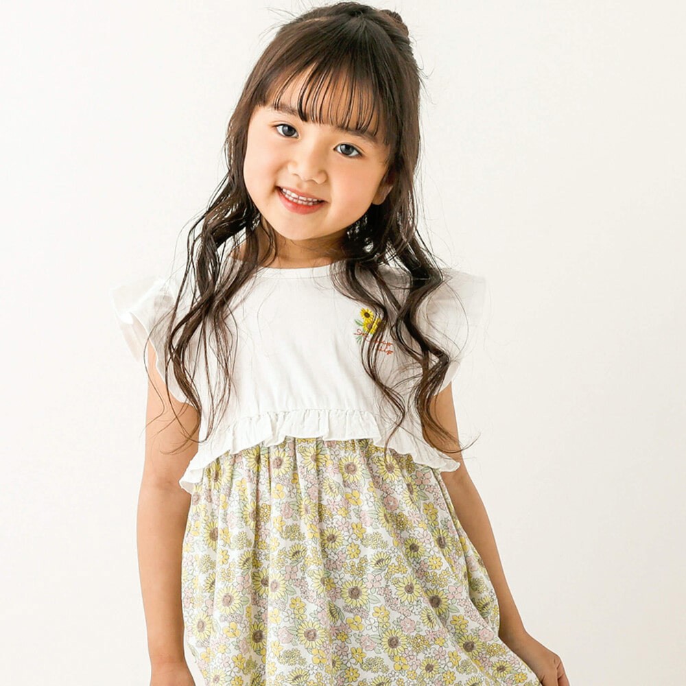 お揃い】ひまわり花柄プリント切替ワンピース(80~130cm)(80cm イエロー