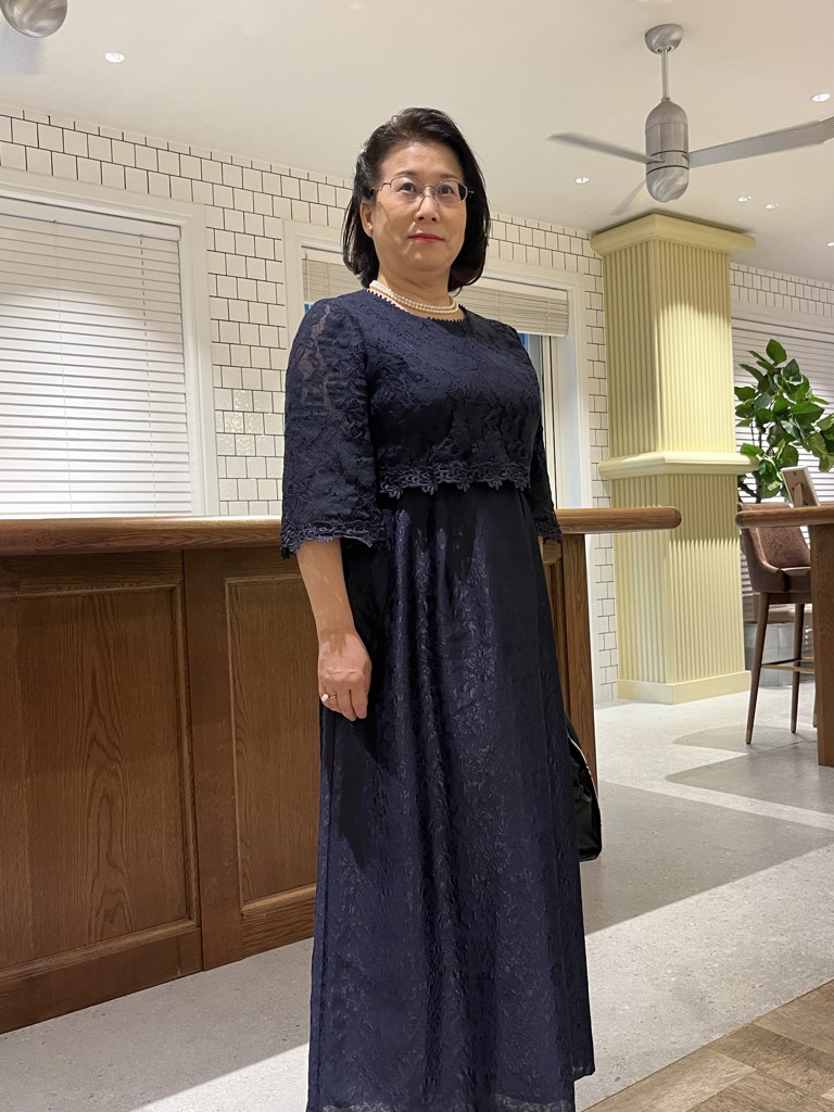 ネイビー】レース×ジャカード お袖付き セミフレアロングドレス