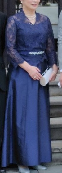 ネイビー】リバーレース×シャンブレータフタ お袖付きロングドレス