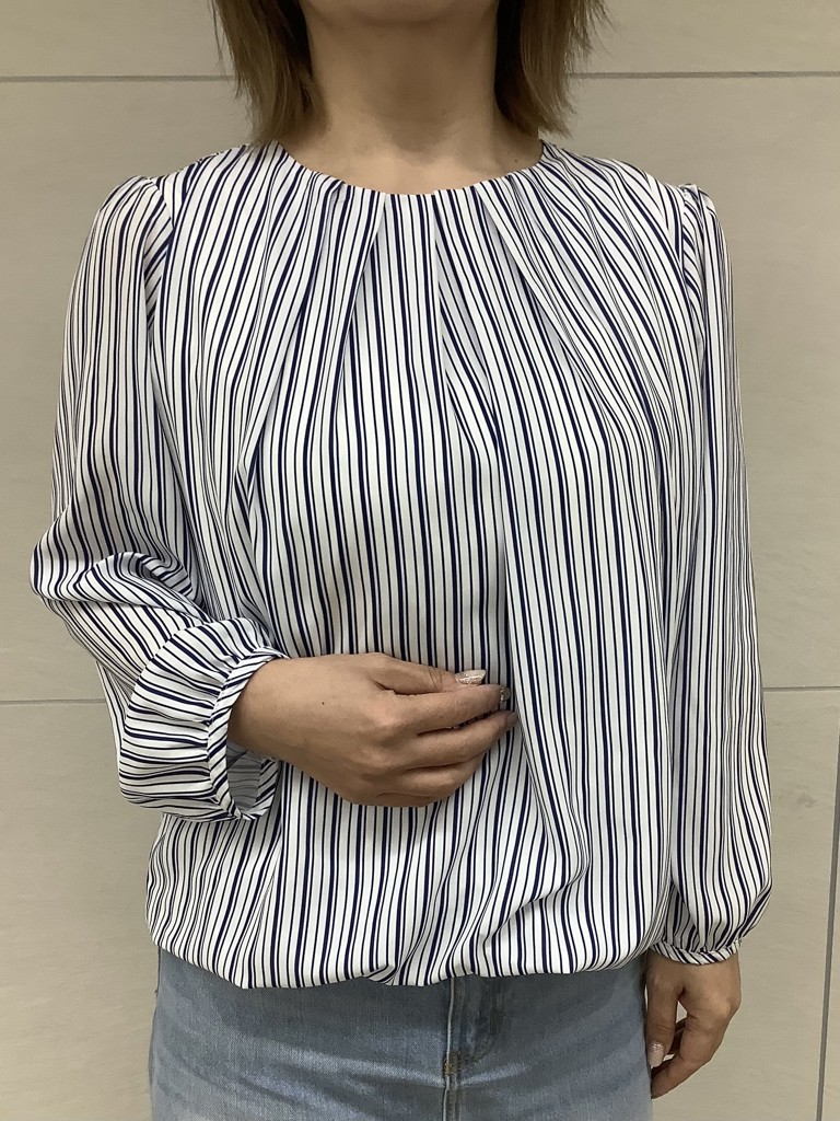 フロントタック ストライプブラウス 長袖 レディース(M ブルー): 東京
