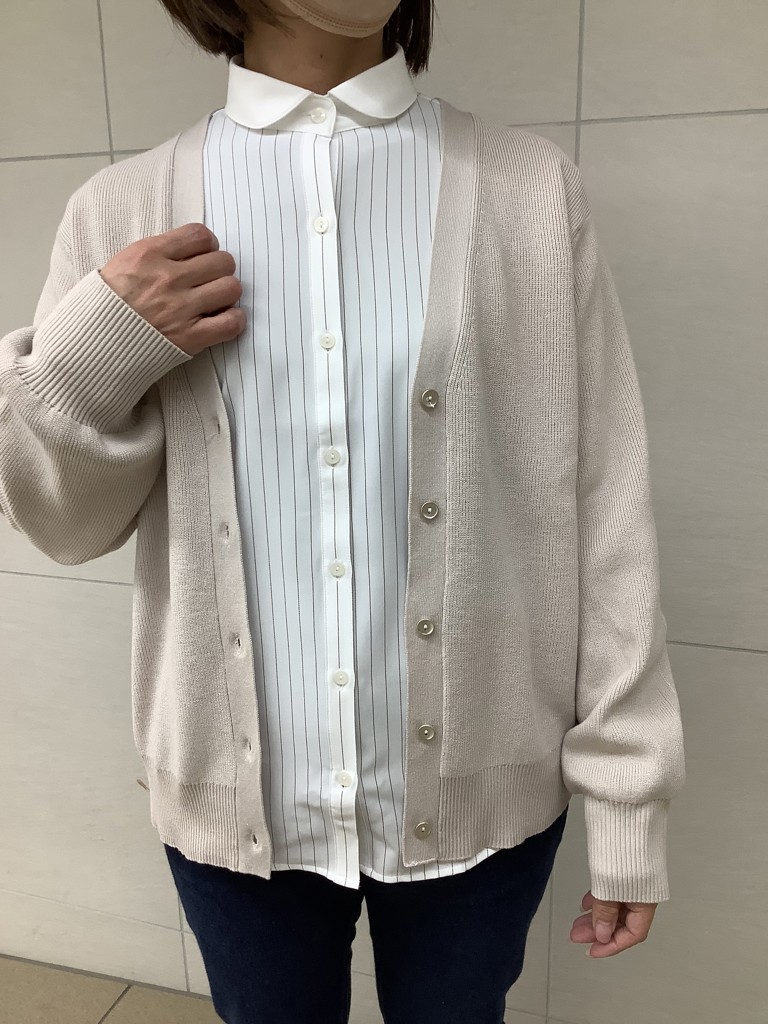 【ベータ】ストライプ シャツ カーディガン グレー (L) 異素材 日本製 美品 デザイン】 COFREX ラウンドクレリック 長袖 レディースシャツ(S