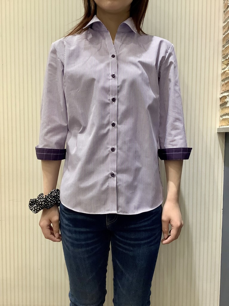 スキッパー 七分袖 形態安定 レディースシャツ(XS パープル