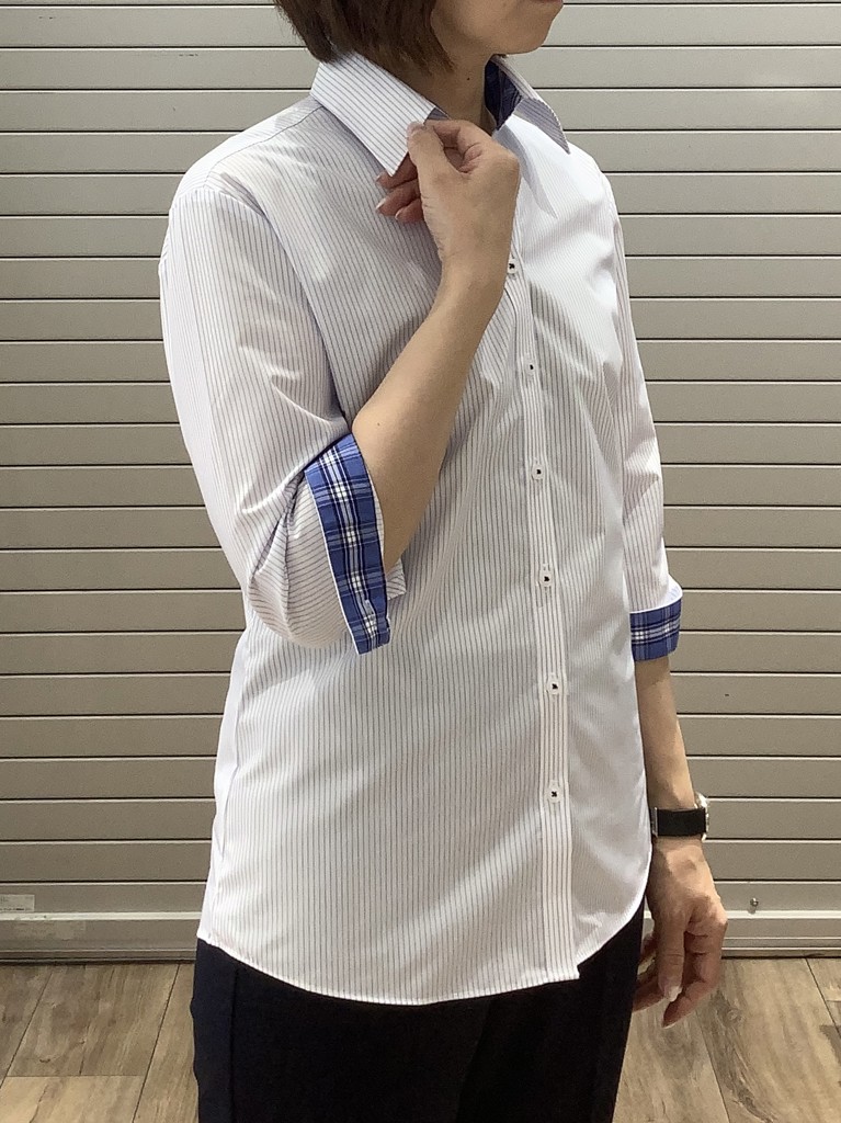 透け防止】 スキッパー 七分袖 形態安定 レディースシャツ(XS ブルー