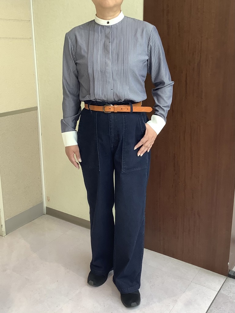 COFREX】 スタンド 配色ブラウス 長袖 レディースデザインシャツ(S