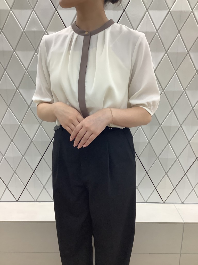 ジョーゼット配色ブラウス 五分袖 レディース(M ホワイト): 東京