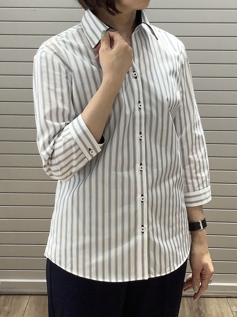 スキッパー 七分袖 形態安定 レディースシャツ(S ブラック