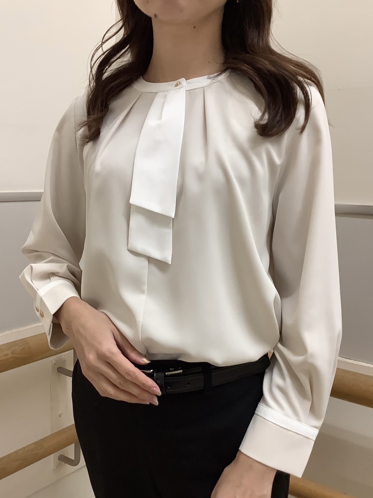 ストレッチ ジョーゼット 配色ボウタイブラウス 長袖 レディース