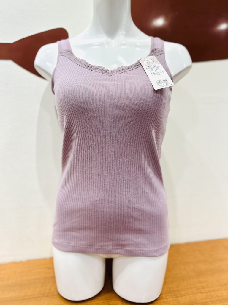 kihada(キハダ)】 カップ付きタンクトップ 無地 一部レース リブ 袖
