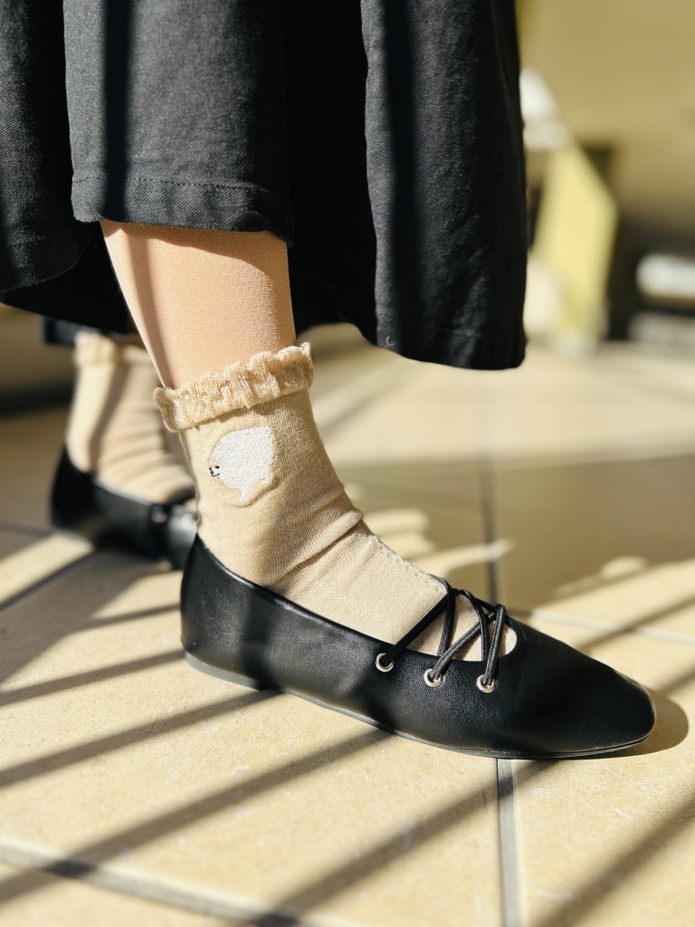 大人の図鑑】 靴下 ポメラニアン編 無地 メッシュ風 ワンポイント刺繍